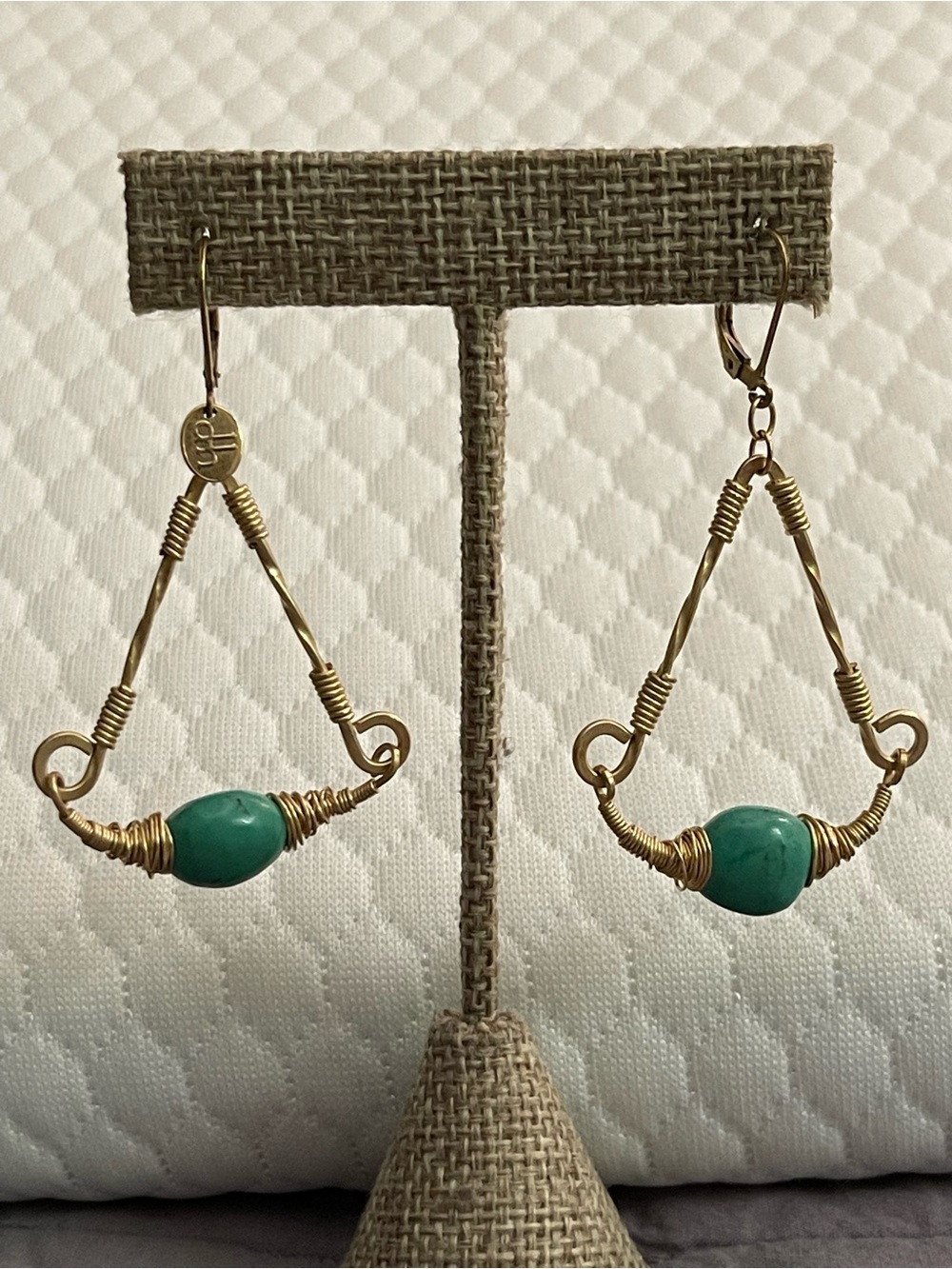 Double Happiness Gold Wire Teardrop Earrings with Turquoise Bead